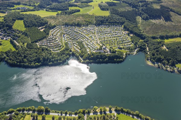 Aerial view, Listertalsperre with camping site Camping Gut Kalberschnacke, Herpel, Drolshagen, Sauerland, North Rhine-Westphalia, Germany, camping, camping facility, camping houses, camping mobile, camping site, DE, Europe, leisure, hobby, aerial view, aerial photography, aerial photography, Ruhr area, overview, bird's eye view, caravan, birds-eyes view, overview