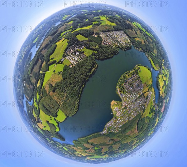 Aerial photo, Listertalsperre and campsites Windebruch with lake view, Eckmann e.K. and Listersee, Camping Gut Kalberschnacke, earth globe, fisheye image, 360 degree image, tiny world, little planet, fisheye image, Windebruch, Meinerzhagen, Ruhr area, North Rhine-Westphalia, Germany, DE, Drolshagen, Europe, fisheye lens, fisheye lens, little planet, aerial photography, aerial photography, super wide angle lens, tiny world, overview, bird's eye view, birds-eyes view, fisheye lens, insta360 camera, overview