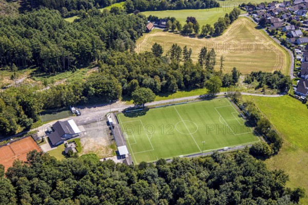 Aerial view, sports field Zur Eulenbuche, football stadium Hützemerter Sportverein 1951 e. V., Hützemert, Drolshagen, Sauerland, North Rhine-Westphalia, Germany, DE, Europe, football field, football stadium, football club, aerial view, aerial photography, aerial photography, Ruhr area, sports, sports facilities, sports field, sports facility, stadium, overview, bird's-eye view, overview