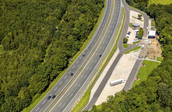 Aerial view, construction site with new rest area and car park Neuenschmiede on the A45 motorway, Drolshagen, Sauerland, North Rhine-Westphalia, Germany, DE, Europe, truck rest area, aerial view, aerial photography, aerial photography, rest periods, Ruhr area, overview, bird's-eye view, overview