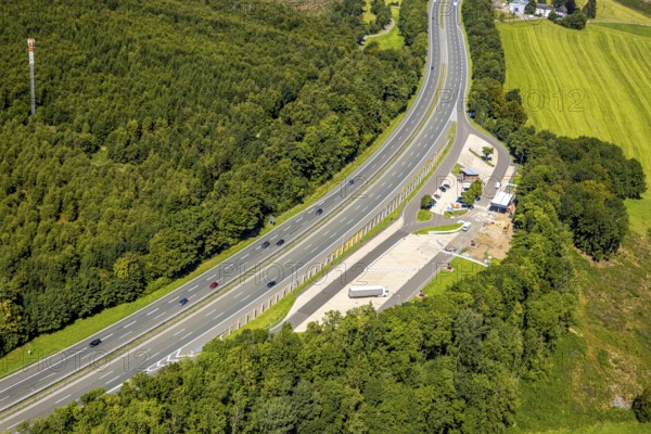 Aerial view, construction site with new rest area and car park Neuenschmiede on the A45 motorway, Drolshagen, Sauerland, North Rhine-Westphalia, Germany, DE, Europe, truck rest area, aerial view, aerial photography, aerial photography, rest periods, Ruhr area, overview, bird's-eye view, overview