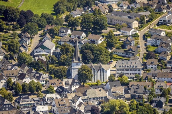 Aerial view, view of the town with St. Clemens-Kirche und Altes Kloster Drolshagen, Drolshagen, Sauerland, North Rhine-Westphalia, Germany, place of worship, DE, Europe, religious community, place of worship, property tax, holy place, real estate, church, parish, monastery, denomination, aerial view, aerial photography, aerial photography, religion, religious site, Ruhr area, overview, bird's eye view, residential area, living and life, residential area, quality of life, residential neighbourhood, housing estate, residential area, birds-eyes view, overview
