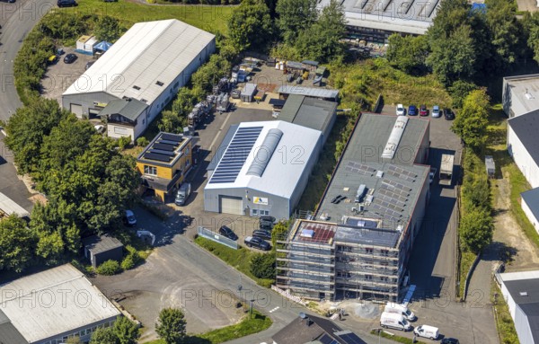 Aerial view, commercial area Unterm Gallenlöh with MAS GmbH construction site and scaffolding and Clemens Bedachung, Drolshagen, Sauerland, North Rhine-Westphalia, Germany, construction work, construction area, building site, building plots, construction project, construction site, DE, Europe, commercial enterprises, commercial area, commercial area, commercial property, commercial park, commercial site, commercial use, industrial area, industrial site, aerial photograph, aerial photography, aerial photography, new construction, Ruhr area, overview, bird's-eye view, birds-eyes view, overview