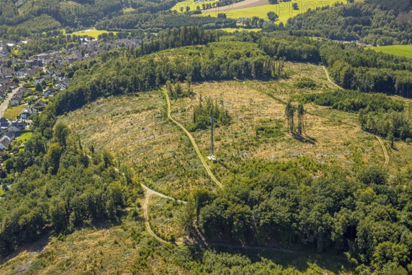 Aerial view, forest area with forest damage in hilly landscape, Herrnscheid Berg, Drolshagen, Sauerland, North Rhine-Westphalia, Germany, tree mortality, bark beetle damage, bark beetle plague, DE, Europe, clear-cutting, calamity areas, aerial view, aerial photography, aerial photography, Ruhr area, overview, bird's-eye view, forest, forest damage, birds-eyes view, overview
