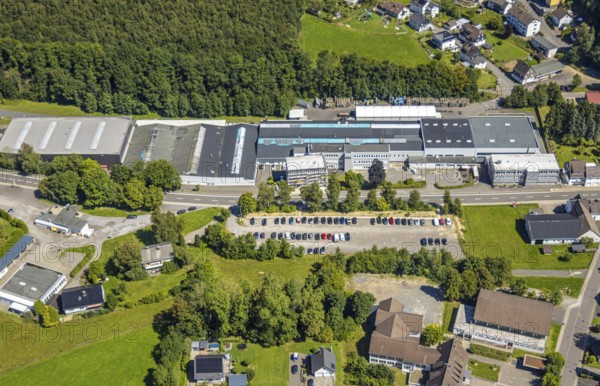 Aerial view, Werk Heinrich Huhn GmbH metal processing company, Hauptstraße, Hützemert, Drolshagen, Sauerland, North Rhine-Westphalia, Germany, DE, Europe, commercial enterprises, commercial area, commercial property, commercial park, commercial location, commercial use, industrial area, industrial location, aerial photograph, aerial photography, aerial photography, car park, Ruhr area, overview, bird's eye view, birds-eyes view, overview
