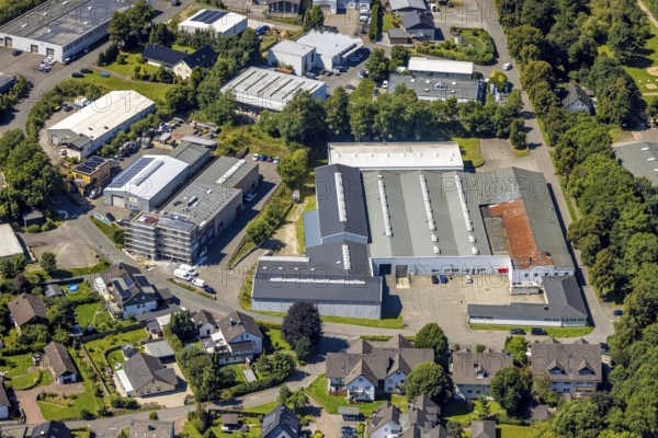 Aerial view, industrial estate Unterm Gallenlöh with Biomaderas GmbH, MAS GmbH Baustelle und Baugerüst and Clemens Bedachung, Drolshagen, Sauerland, North Rhine-Westphalia, Germany, construction work, construction area, building site, building plots, construction project, building site, DE, Europe, commercial enterprises, commercial area, commercial area, commercial property, commercial park, commercial site, commercial use, industrial area, industrial site, aerial photography, aerial photography, aerial photography, new construction, Ruhr area, overview, bird's-eye view, birds-eyes view, overview