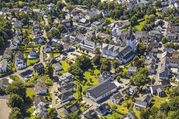 Aerial view, view of the town with St. Clemens-Kirche und Altes Kloster Drolshagen, Drolshagen, Sauerland, North Rhine-Westphalia, Germany, place of worship, DE, Europe, religious community, place of worship, property tax, holy place, real estate, church, parish, monastery, denomination, aerial view, aerial photography, aerial photography, religion, religious site, Ruhr area, overview, bird's eye view, residential area, living and life, residential area, quality of life, residential neighbourhood, housing estate, residential area, birds-eyes view, overview