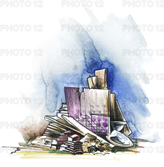 Watercolor and crayon illustration showing a pile of construction waste