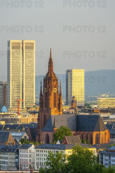 Frankfurt Cathedral, Residential Buildings and City at Sunrise. Aerial View. Golden Hour. Hesse, Germany