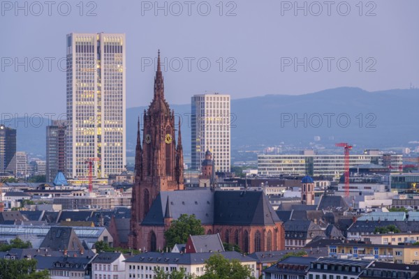 Frankfurt Cathedral, Residential Buildings and City at Morning Twilight. Aerial View. Blue Hour. Hesse, Germany
