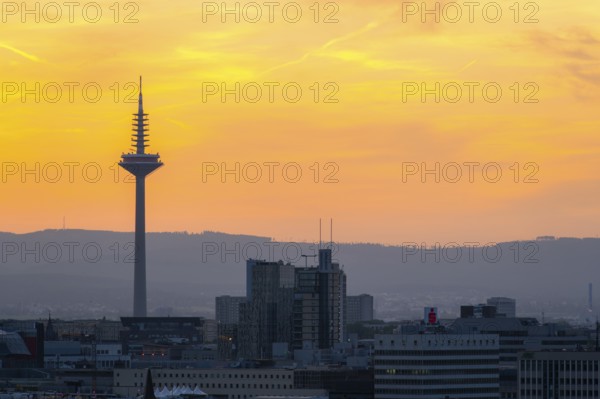 FRANKFURT, GERMANY - JUNE 12, 2025: Europaturm Telecommunications Tower in Frankfurt City at Sunset. Golden Hour. Hesse, Germany