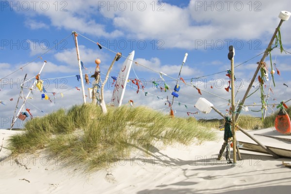 Works of art made from rubbish washed up from the sea in the dune landscape of the North Frisian island of Amrum, Amrum, Süddorf, North Frisia, Germany