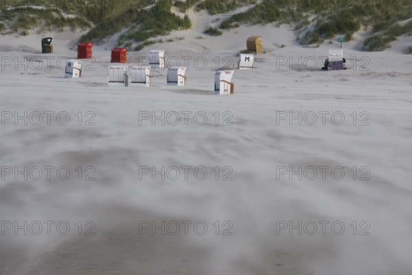 A strong storm whistles across the desert-like western beach of the North Frisian island of Amrum, Amrum, Norddorf, North Frisia, Germany