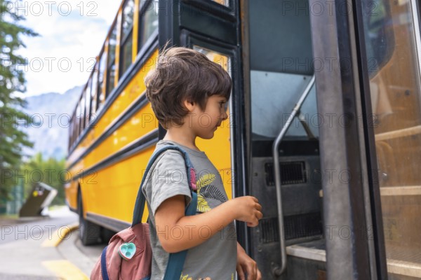 Preschool student entering a school bus, wearing a colorful backpack and beaming with excitement for the first day of class, embodying the joy of back to school adventures and learning