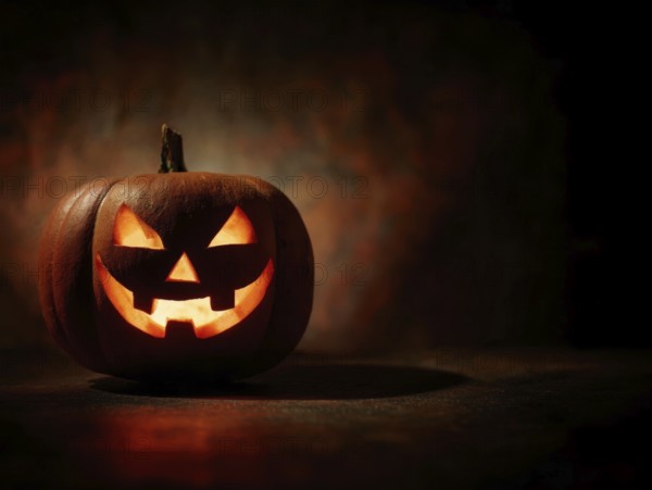 A spooky carved glowing pumpkin in a dark room, symbolising Halloween and autumnal mood, AI generated, AI generated