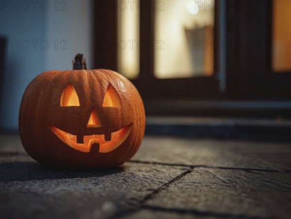 A carved, glowing pumpkin with a smiling face stands on a wall in front of a house at night, symbolising Halloween and the autumnal mood, AI generated, AI generated