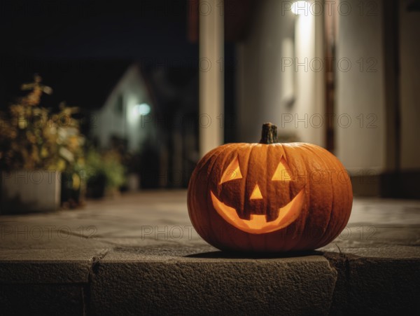 A carved, glowing pumpkin with a smiling face stands on a wall in front of a house at night, symbolising Halloween and the autumnal mood, AI generated, AI generated