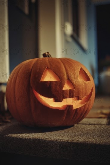 A carved, glowing pumpkin with a smiling face stands on a wall in front of a house at night, symbolising Halloween and the autumnal mood, AI generated, AI generated