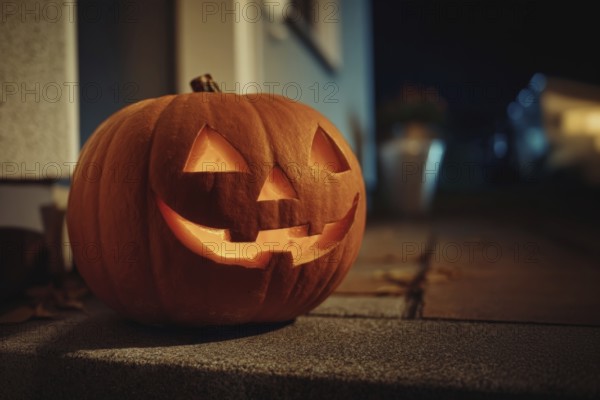 A carved, glowing pumpkin with a smiling face stands on a wall in front of a house at night, symbolising Halloween and the autumnal mood, AI generated, AI generated
