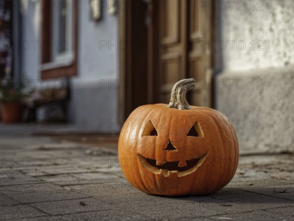 A carved pumpkin with a smiling face stands on a house wall in front of a residential building, symbolising Halloween and autumnal mood, AI generated, AI generated
