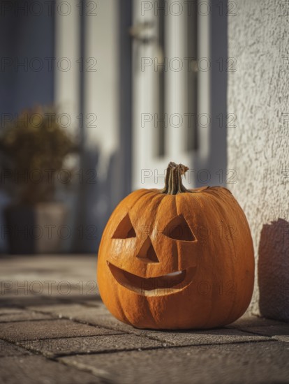 A carved pumpkin with a smiling face stands on a house wall in front of a residential building, symbolising Halloween and autumnal mood, AI generated, AI generated