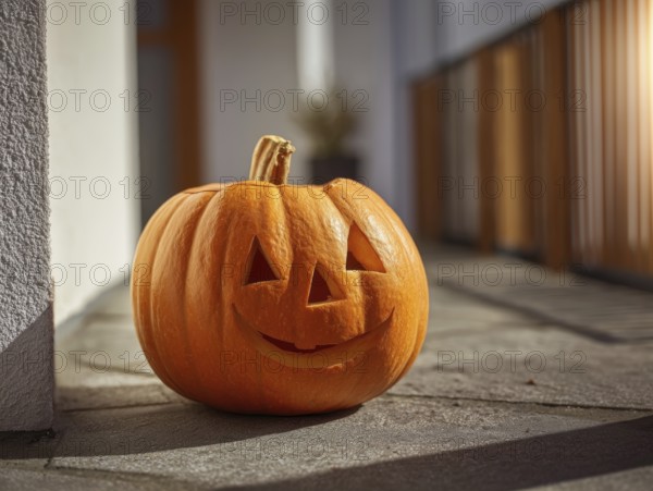 A carved pumpkin with a smiling face stands on a house wall in front of a residential building, symbolising Halloween and autumnal mood, AI generated, AI generated