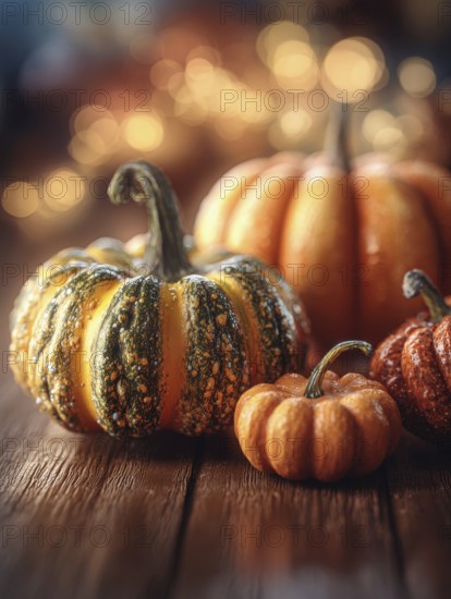 Various ornamental pumpkins, decoratively arranged on a wooden panel, KI generated, KI generated