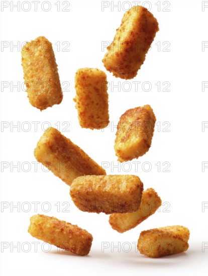 Deep-fried, greasy breaded fish fingers fall onto the background against a white background, crispy and appetising, symbolic image for unhealthy nutrition, fast food, snack bar, street food, saturated fatty acids, acrylamide, KI generated, KI generated