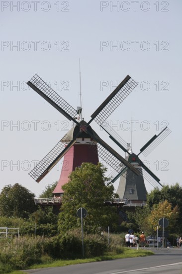 Twin mills Greetsiel Krummhörn East Frisia, Germany