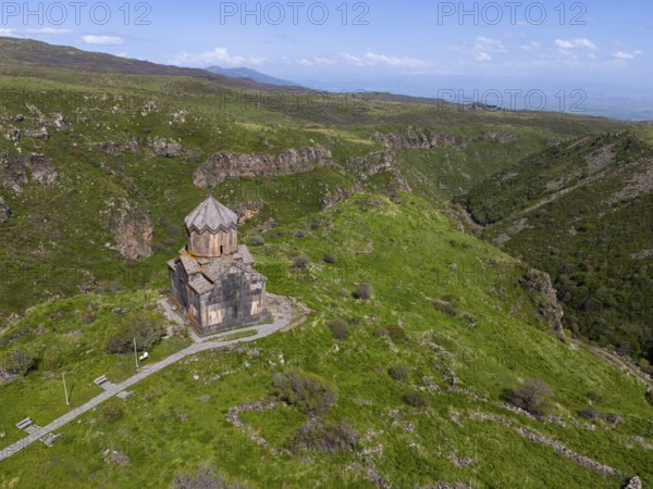 Small church on a green mountain overlooking a valley, aerial view, Church of the Mother of God, Vahramashen Church, Vahramashen Surp Astvatsatsin, Church of Amberd, Arkashian Gorge, Aragazotn Province, Armenia