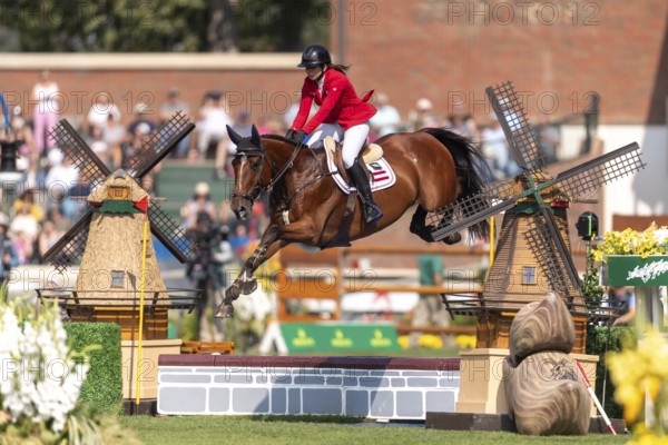 Alessandra Reich of Austria, riding Oeli R, competes in the first round of the 2025 BMO Nations Cup during the Spruce Meadows Masters on September 6, 2025 in Calgary, Alberta, Canada, North America