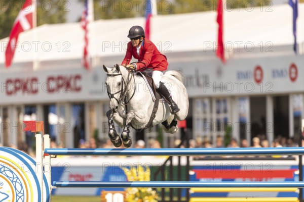Aaron Vale of the USA, riding Styles, competes in the first round of the 2025 BMO Nations Cup during the Spruce Meadows Masters on September 6, 2025 in Calgary, Alberta, Canada, North America