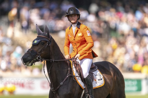 Sanne Thijssen of the Netherlands, riding Cupcake Z, competes in the first round of the 2025 BMO Nations Cup during the Spruce Meadows Masters on September 6, 2025 in Calgary, Alberta, Canada, North America