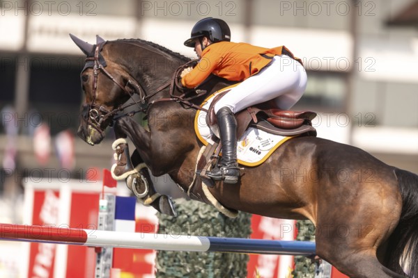 Sanne Thijssen of the Netherlands, riding Cupcake Z, competes in the first round of the 2025 BMO Nations Cup during the Spruce Meadows Masters on September 6, 2025 in Calgary, Alberta, Canada, North America
