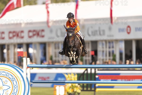 Sanne Thijssen of the Netherlands, riding Cupcake Z, competes in the first round of the 2025 BMO Nations Cup during the Spruce Meadows Masters on September 6, 2025 in Calgary, Alberta, Canada, North America