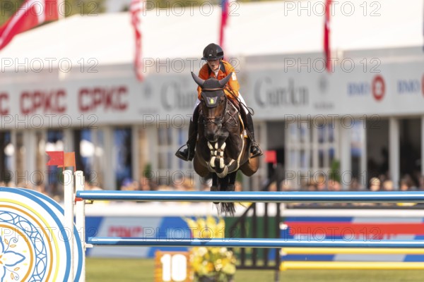 Sanne Thijssen of the Netherlands, riding Cupcake Z, competes in the first round of the 2025 BMO Nations Cup during the Spruce Meadows Masters on September 6, 2025 in Calgary, Alberta, Canada, North America