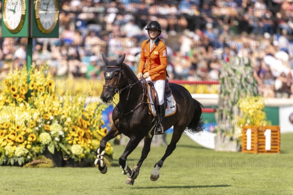 Sanne Thijssen of the Netherlands, riding Cupcake Z, competes in the first round of the 2025 BMO Nations Cup during the Spruce Meadows Masters on September 6, 2025 in Calgary, Alberta, Canada, North America