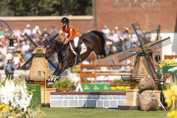 Sanne Thijssen of the Netherlands, riding Cupcake Z, competes in the first round of the 2025 BMO Nations Cup during the Spruce Meadows Masters on September 6, 2025 in Calgary, Alberta, Canada, North America