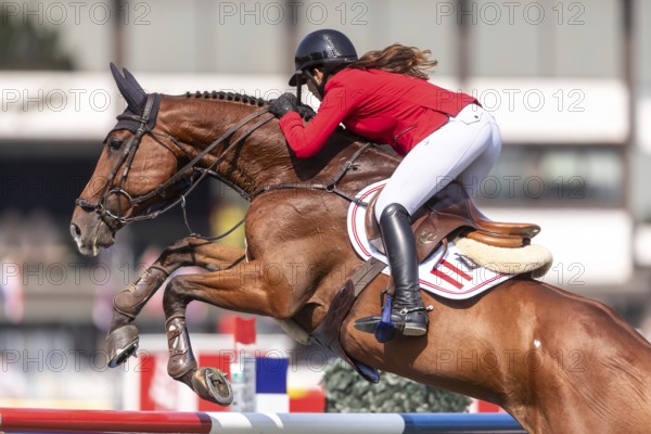 Alessandra Reich of Austria, riding Oeli R, competes in the first round of the 2025 BMO Nations Cup during the Spruce Meadows Masters on September 6, 2025 in Calgary, Alberta, Canada, North America