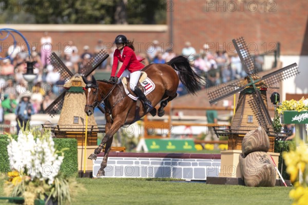 Alessandra Reich of Austria, riding Oeli R, competes in the first round of the 2025 BMO Nations Cup during the Spruce Meadows Masters on September 6, 2025 in Calgary, Alberta, Canada, North America