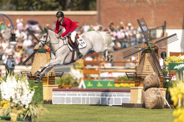 Eugenio Garza Perez of Mexico, riding Contago, competes in the first round of the 2025 BMO Nations Cup during the Spruce Meadows Masters on September 6, 2025 in Calgary, Alberta, Canada, North America