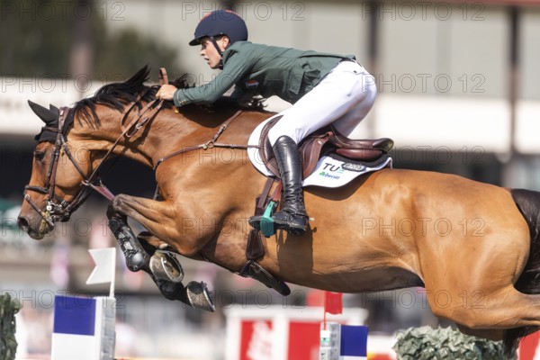 Tom Wachman of Ireland, riding Tabasco De Toxandria Z, competes in the first round of the 2025 BMO Nations Cup during the Spruce Meadows Masters on September 6, 2025 in Calgary, Alberta, Canada, North America
