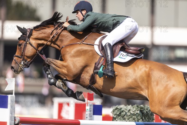 Tom Wachman of Ireland, riding Tabasco De Toxandria Z, competes in the first round of the 2025 BMO Nations Cup during the Spruce Meadows Masters on September 6, 2025 in Calgary, Alberta, Canada, North America