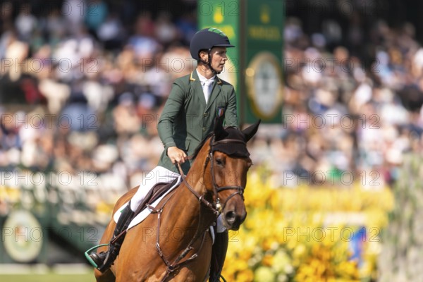 Tom Wachman of Ireland, riding Tabasco De Toxandria Z, competes in the first round of the 2025 BMO Nations Cup during the Spruce Meadows Masters on September 6, 2025 in Calgary, Alberta, Canada, North America