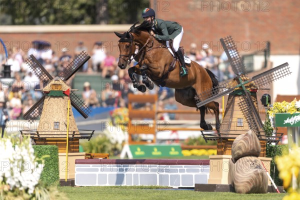 Tom Wachman of Ireland, riding Tabasco De Toxandria Z, competes in the first round of the 2025 BMO Nations Cup during the Spruce Meadows Masters on September 6, 2025 in Calgary, Alberta, Canada, North America