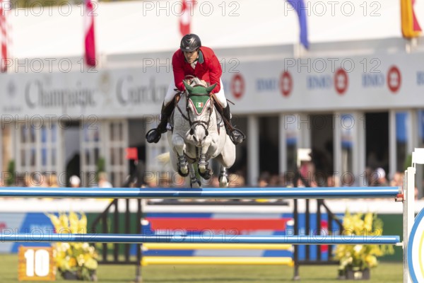 Eugenio Garza Perez of Mexico, riding Contago, competes in the first round of the 2025 BMO Nations Cup during the Spruce Meadows Masters on September 6, 2025 in Calgary, Alberta, Canada, North America
