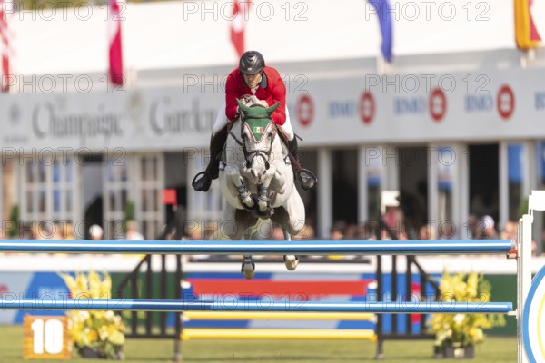 Eugenio Garza Perez of Mexico, riding Contago, competes in the first round of the 2025 BMO Nations Cup during the Spruce Meadows Masters on September 6, 2025 in Calgary, Alberta, Canada, North America