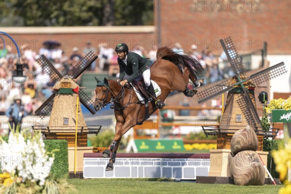Yuri Mansur of Brazil, riding Cupfer, competes in the first round of the 2025 BMO Nations Cup during the Spruce Meadows Masters on September 6, 2025 in Calgary, Alberta, Canada, North America