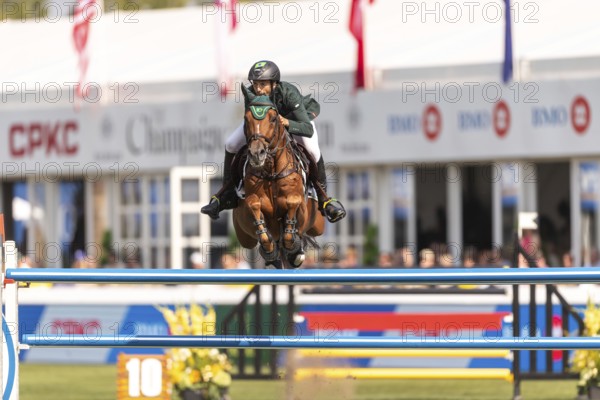 Yuri Mansur of Brazil, riding Cupfer, competes in the first round of the 2025 BMO Nations Cup during the Spruce Meadows Masters on September 6, 2025 in Calgary, Alberta, Canada, North America