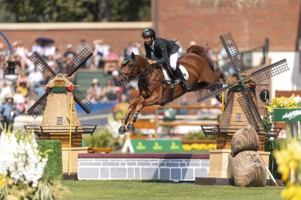 Yuri Mansur of Brazil, riding Cupfer, competes in the first round of the 2025 BMO Nations Cup during the Spruce Meadows Masters on September 6, 2025 in Calgary, Alberta, Canada, North America